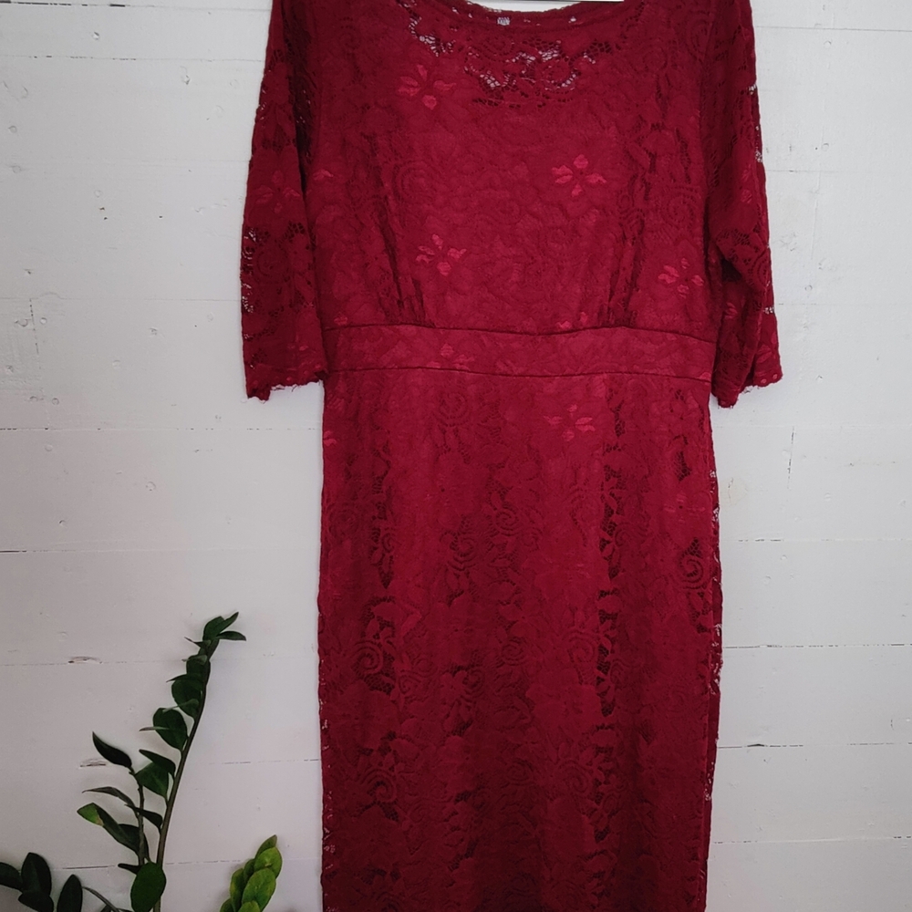 Elegant Cranberry Red Lace Dress W/Pockets! Holiday, Mother Of The Bride